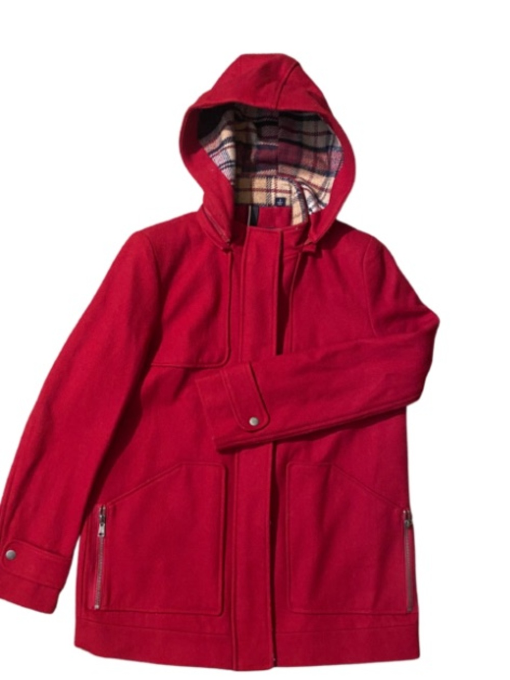 Tommy Hilfiger Women’s Red Hooded Coat with Plaid Trim Size S